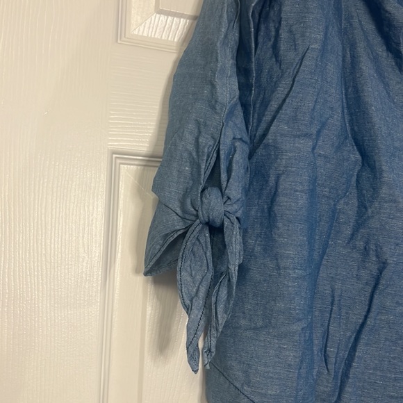 Free People denim chambray blue off the shoulder 3/4 sleeve oversized top S - Picture 3 of 7